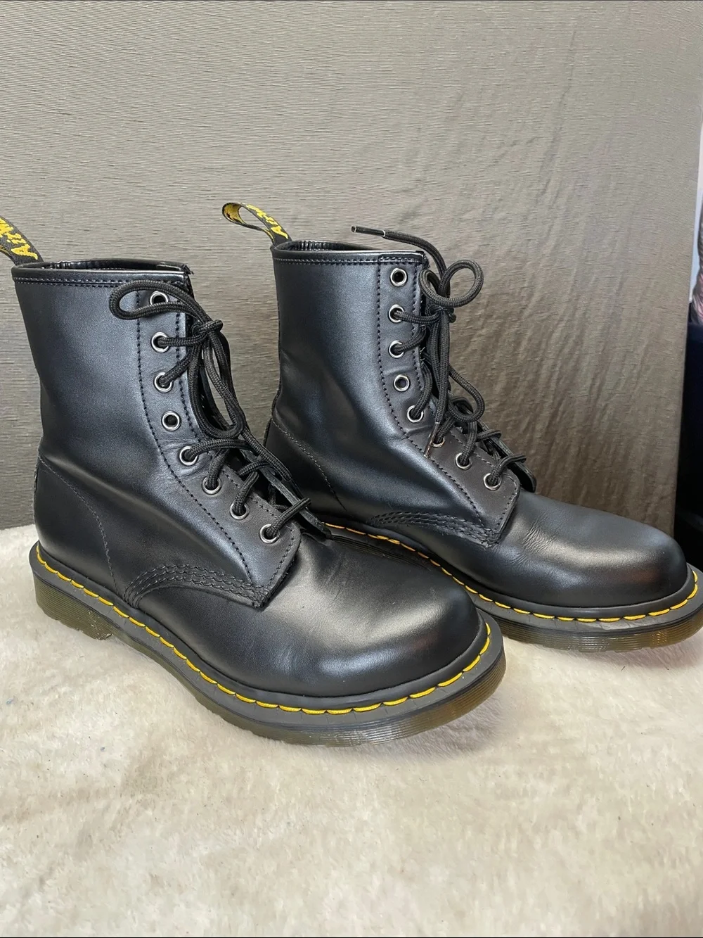Dr. Martens 11821 Black Leather 8-Eye Lace-Up Boots with Yellow Stitching